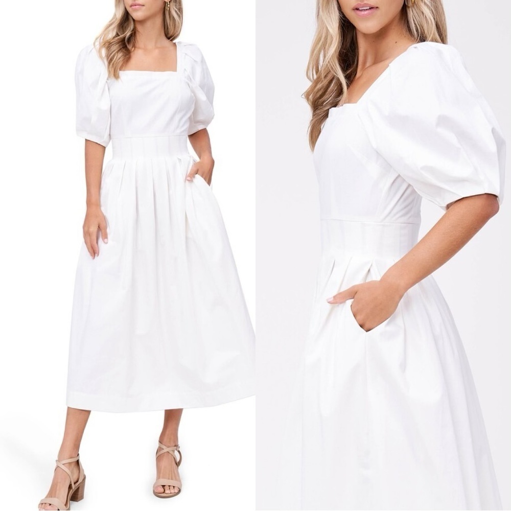 New En Saison Square Neck Puff Sleeve Pleated Cotton Dress​​​​